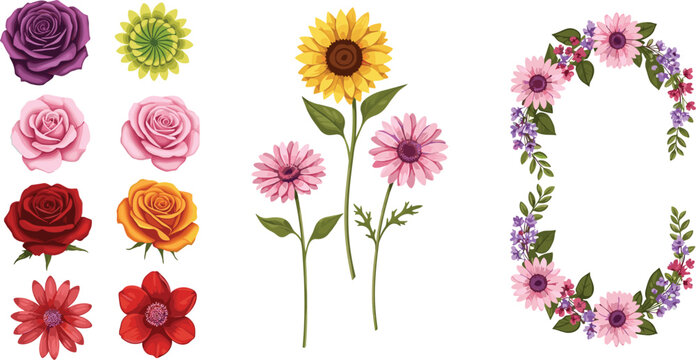 Colorful Rose, Sunflower & Gerbera Flower Clipart Set &ndash; Floral Wreath & Botanical Illustration Vector Bundle