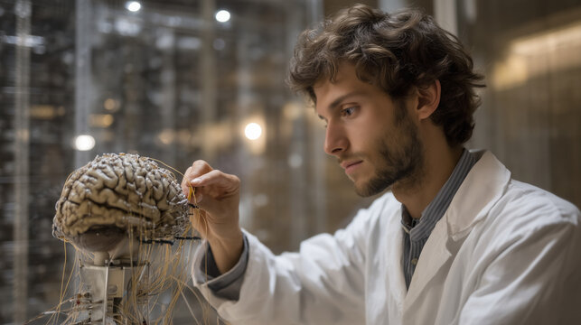 Graduate researcher adjusts fiber optic patch cable on anesthetized rodent head mount inside Faraday cage, optogenetics cortical recording in vivo brain stimulation neuroscience animal research elec