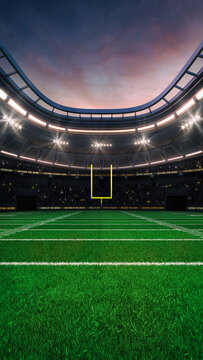 American football field at a sports stadium with glowing spotlights and fans ready for the upcoming grand sporting event. Professional sports vertical background for advertisement.