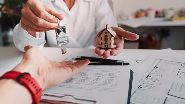 Person giving house keys over paperwork with small home model in background. Symbol of apartment sale, rental agreement, successful closing deal and secure housing investment process.