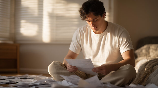 Scattered credit card statements covering bedroom floor, young Hispanic man sitting cross-legged reading each one, harsh daylight streaming through blinds, debt spiral anxiety, credit card overwhelm