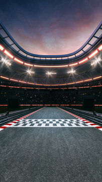 Finish line at a sports racing circuit with glowing spotlights and fans ready for the upcoming grand sporting event. Professional sports vertical background for advertisement.