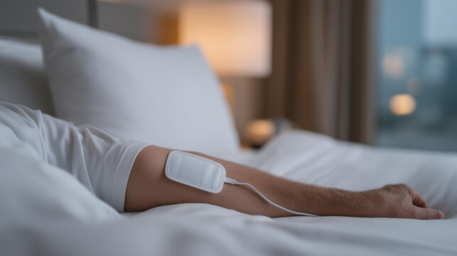Wearable continuous glucose monitor worn during sleep, closeup of sensor patch on arm against white pillow, soft warm bedside lamp glow, overnight glucose monitoring diabetic sleep hypoglycemia prev