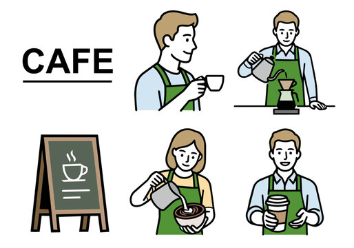 カフェイラスト線画セット・ベクター素材・カラー｜Cafe line art set barista coffee illustration simple minimal vector , color