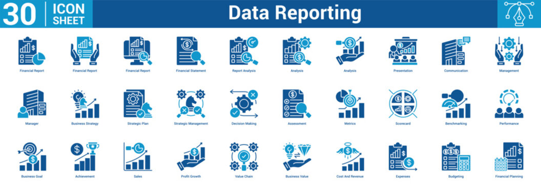 Data Reporting  icon set vector illustration concept for business with icon of Financial Report, Financial Report, Financial Report, Financial Statement, Report Analysis, Analysis, Analysis, Presen.