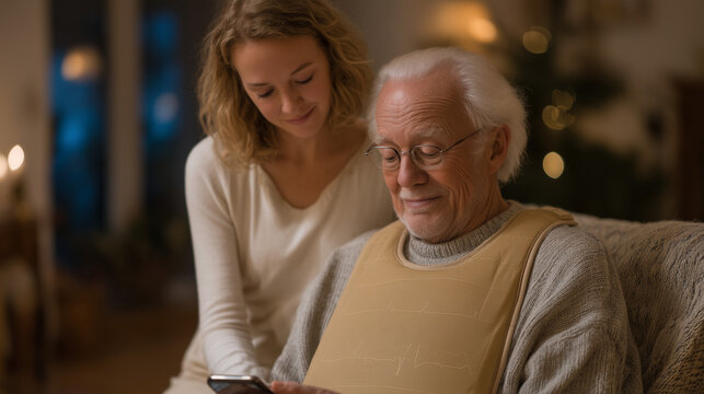 Elderly man seated in recliner with cardiac remote monitoring vest, daughter reviewing alert on smartphone beside him, warm living room evening light, congestive heart failure remote monitoring elde