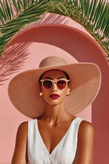 Fototapeta premium Stylish woman in sunglasses and wide straw hat posing against pink arch background in summer fashion