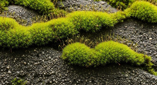 Close-up of Lush Green Moss Growing on a Textured Surface.