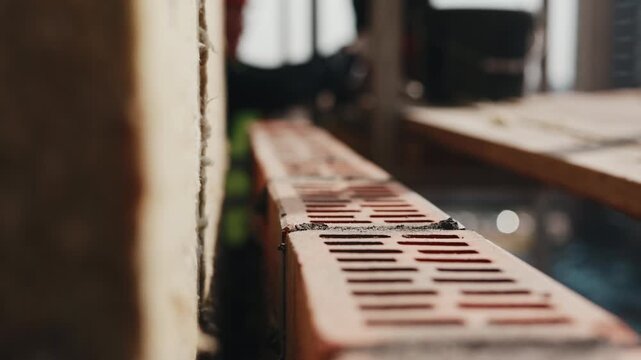 Brick wall under construction with workers in background