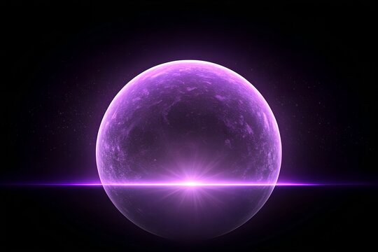 Glowing purple spherical planet floating in the dark void of deep space with a bright light burst emanating from the center of the horizon line creating a mysterious and ethereal atmosphere that sugge