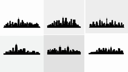 Fototapeta premium A grid displays six black silhouettes of city skylines against a light gray background showcasing urban architectural forms high quality professional detailed modern elegant stylish clean