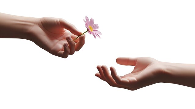 Two Hands Passing Pink Flower on White Background