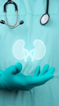 Kidney health and advanced biotechnology, kidney icon with green neon effect, intelligent nephrological diagnosis and early detection of chronic kidney failure.