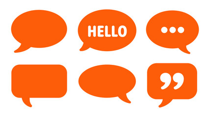 A collection of vibrant orange speech bubbles and text boxes are displayed featuring greetings and punctuation marks in a minimalist style high quality professional detailed modern © DesignHub