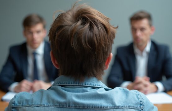 Man attends job interview facing two interviewers at table. Candidate waits, listens to managers in formal office meeting. HR recruitment discussion about career growth opportunities.