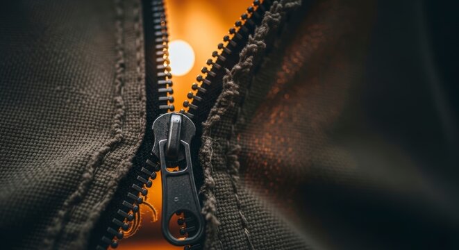 Close-up of leather jacket zipper.