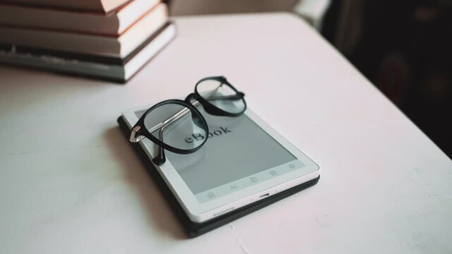 Modern eBook reader on white desk with eyeglasses and stacked books. Digital reading, online education and smart learning concept. Minimal workspace for study, literature and portable technology.