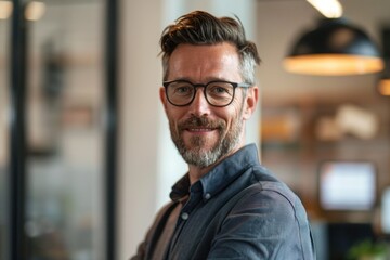 Obraz premium Portrait of a mature businessman smiling confidently in a modern office environment