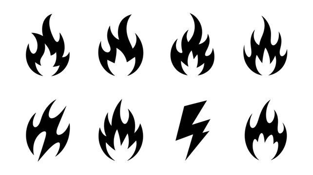A collection of eight black silhouettes depicting various flame shapes alongside a single lightning bolt icon high quality professional detailed modern elegant stylish clean crisp vibrant