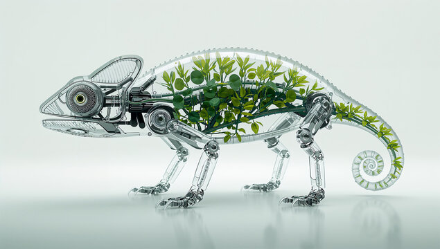 植物要素と融合した透明カメレオン型ロボットを描く未来共生コンセプトCG