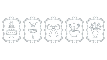 A collection of five ornate frames each containing a simple line drawing cake ballerina bow cutlery and flowers high quality professional detailed modern elegant stylish clean © DesignHub