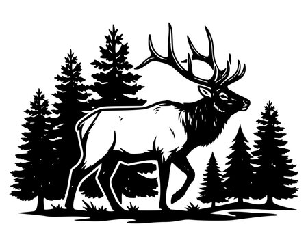 A big bull elk bug ling's vector silhouette. .deer in winter forest