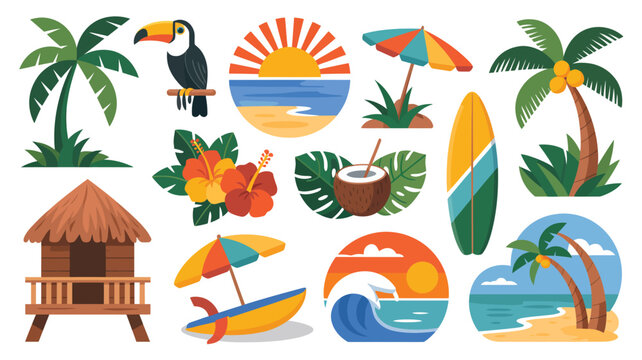 A vibrant collection of tropical elements including a toucan palm trees beach items and a sunset creating a summery scene high quality professional detailed modern elegant