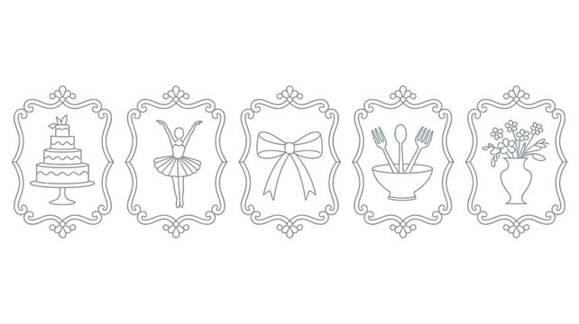A collection of five ornate frames each containing a simple line drawing cake ballerina bow cutlery and flowers high quality professional detailed modern elegant stylish clean