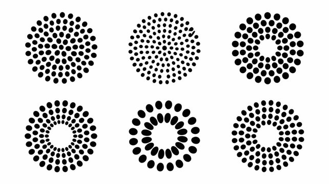 This image showcases six circular arrangements of black dots on a white background varying in density and formation high quality professional detailed modern elegant stylish clean