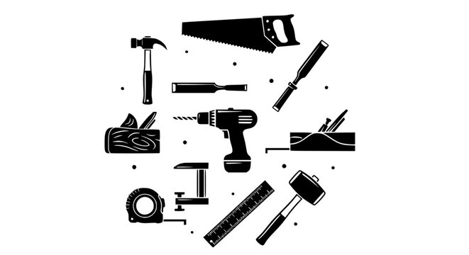 Woodworking tools silhouette icon collection carpentry workshop equipment vector set isolated on white