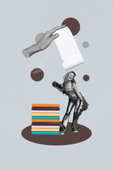 Fototapeta premium Sketch poster contemporary photo collage of happy student girl guy stand book stack education concept hand show paper documentation