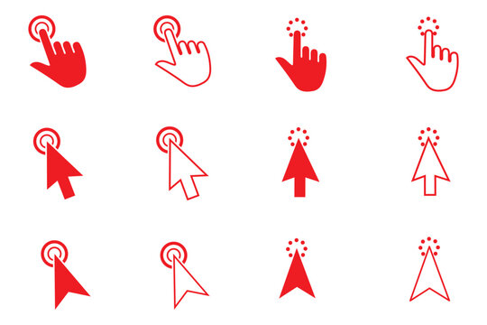 Click Hand and Cursor Pointer Icon Set &ndash; Tap Gesture, Mouse Click, Touchscreen Interaction Line Icons
