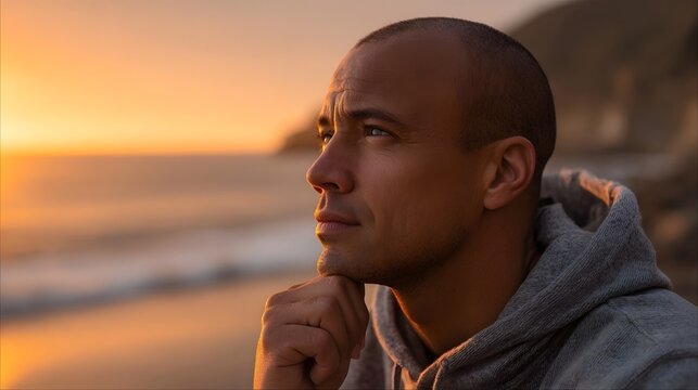 A thoughtful man in profile stands on a beach at sunset reflecting on the vast ocean horizon under warm golden light