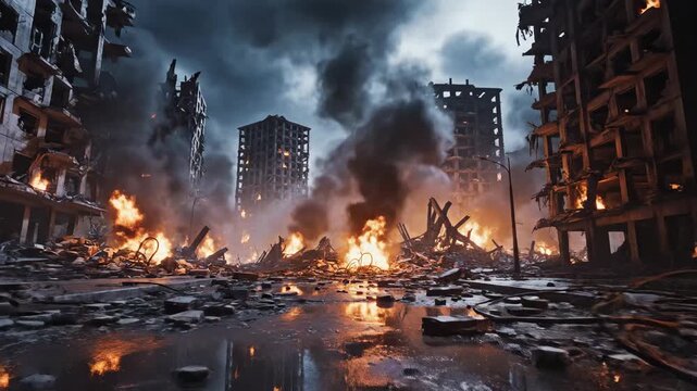 Dramatic depiction of a destroyed city street with burning buildings and smoke in a war zone.