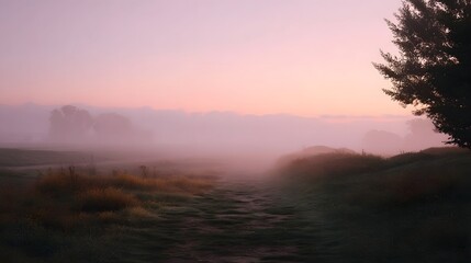 Obraz premium A tranquil winding path through a misty meadow bathed in the soft ethereal light of dawn