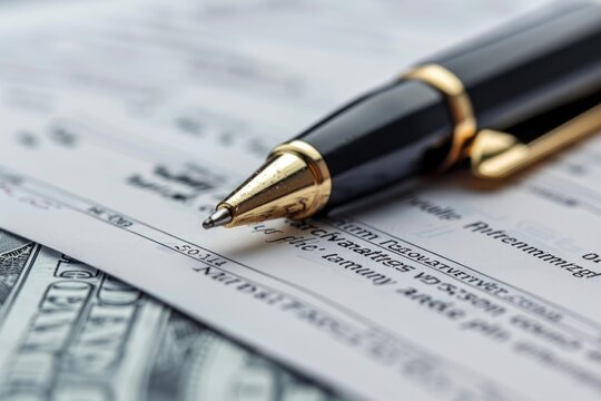 Elegant pen is lying on a bank check with us dollar banknotes, ready for signing