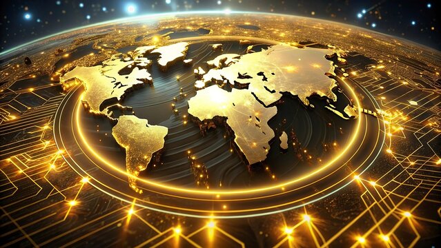 Golden global network, world map, futuristic connections, illuminated circuits