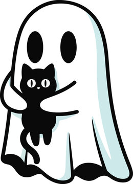 Cute Ghost and Black Kitten Hugging Vector Illustration