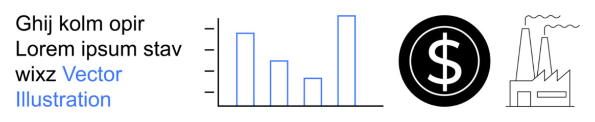 Fototapeta premium Business strategy, financial growth, data analysis, economic development, industrial progress, resource management. Bar chart, dollar sign factory outline. Financial growth and economic development