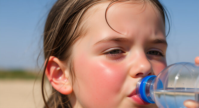 Young girl drinking water from a plastic bottle. Child staying hydrated during a hot summer day