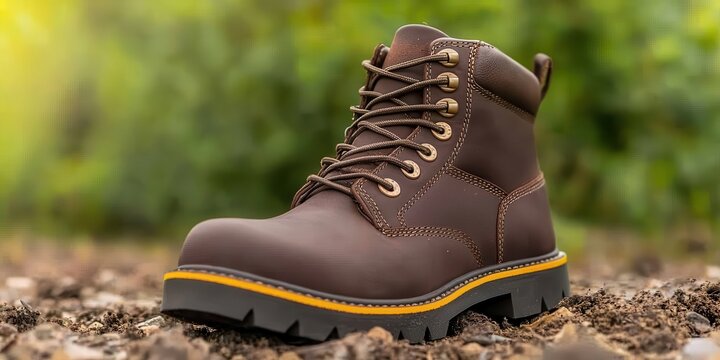 workshops hands-on technical concept. Brown leather work boot with yellow sole detail on gravel with blurred greenery background