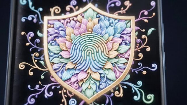Intricate fingerprint shield digital security floral pattern cyber protection biometric icon smartphone screen colorful design encryption concept ornate illustration pastel color technology data