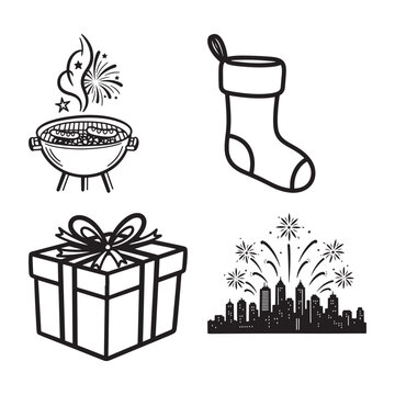 Black and white illustration of various american icons and tools isolated on white background