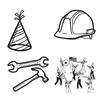 New year celebration icons with gift box fireworks stocking and grill