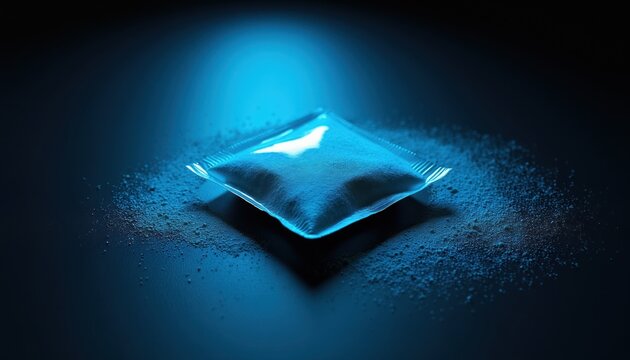 Sealed plastic pouch full of white powder. Substance spills onto dark table surface. Blue light illuminates close up of sample, suggesting test or evidence.