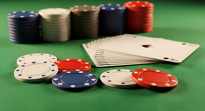 Poker chips and playing cards on green table.