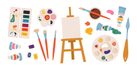 Art supplies set with easel, brushes, palettes, paint tubes and watercolors. Artist tools and painting equipment collection. Hand drawn vector illustration isolated on white background.