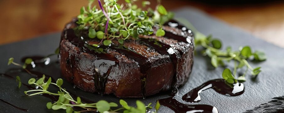 A gourmet black pudding dish presented with a drizzle of balsamic glaze and microgreens on a slate platter