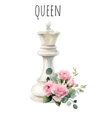 Fototapeta premium Watercolor illustration of the white Queen chess piece with flowers and greenery. Floral chess King 