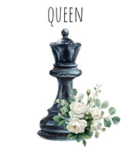 Fototapeta premium Watercolor illustration of the black Queen chess piece with flowers and greenery. Floral chess King 